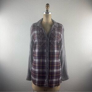 Vintage America l L Nadia Plaid Embroidery Roll Tab Cinch Waist Henley Tunic Top